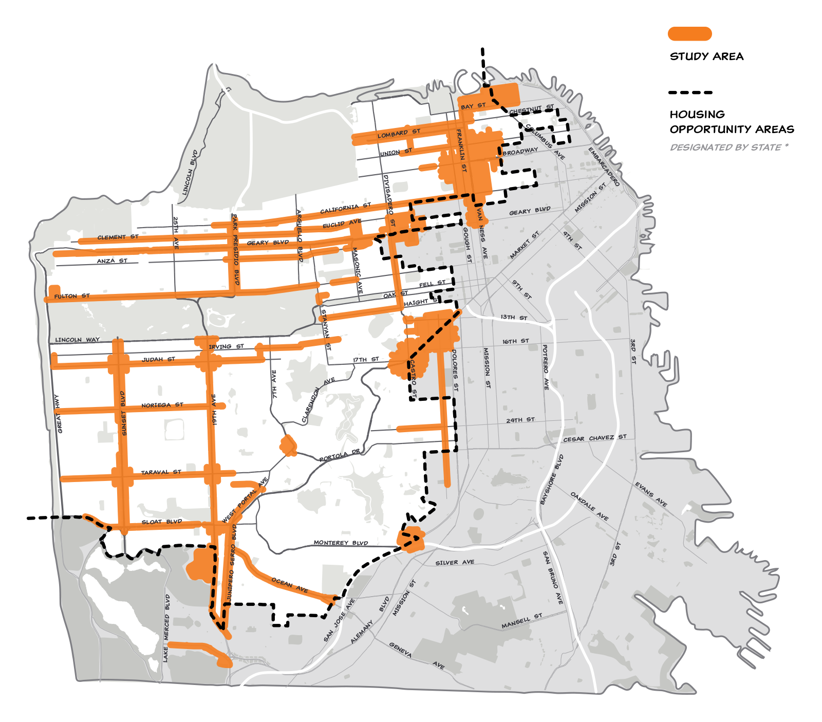 Map of San Francisco that illustrates corridors, nodes, and large sites that the City will prioritize for additional housing capacity