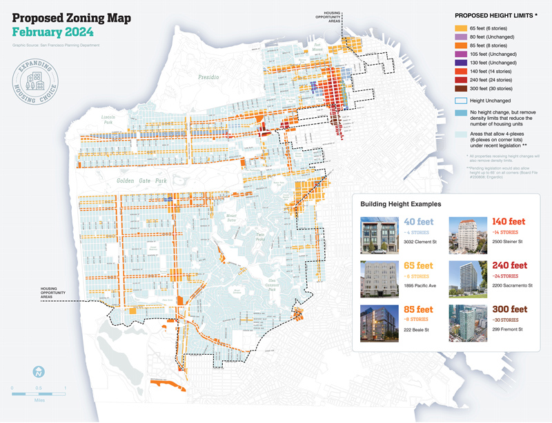 A map showing proposed housing height limits in San Francisco within the North and West parts of the City.