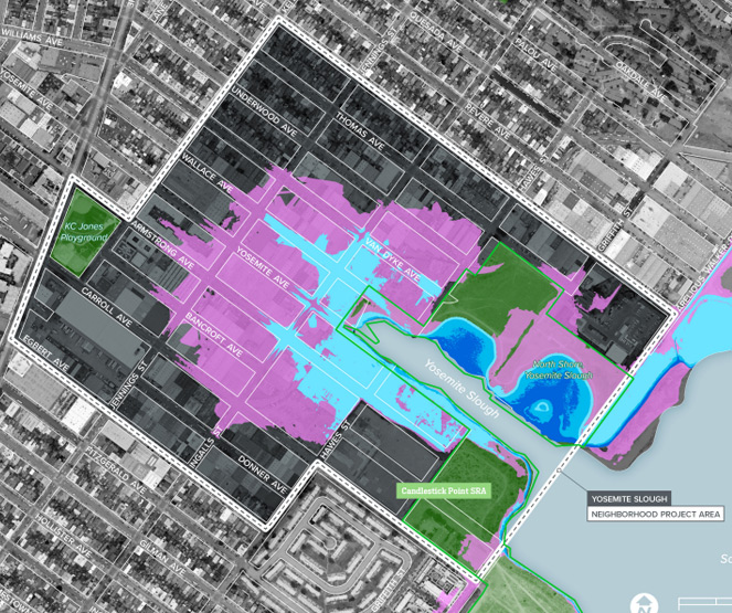 Aerial map of the project area for the Yosemite Slough Neighborhood Adaptation Plan
