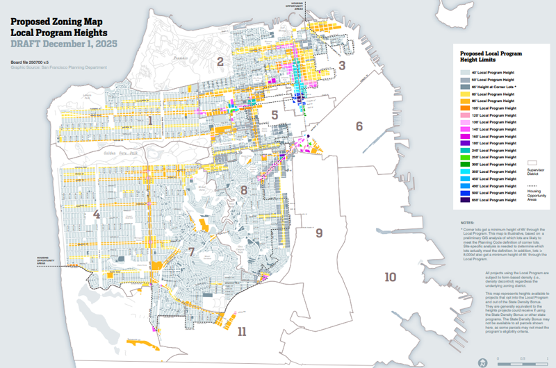 A map showing proposed housing height limits in San Francisco within the North and West parts of the City.