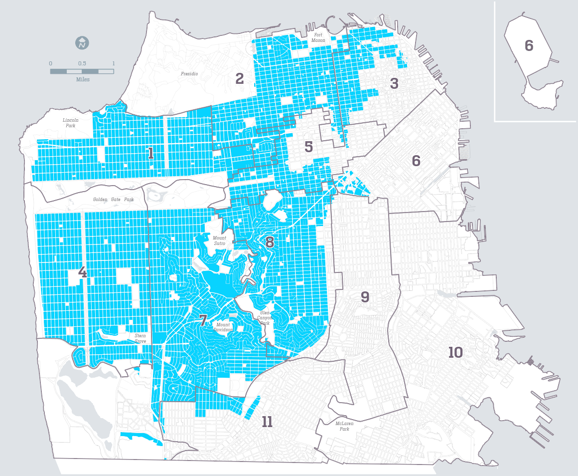 San Francisco Supervisor Districts map highlighting the Family Zoning Plan Rezoned Areas highlighted in bright blue.