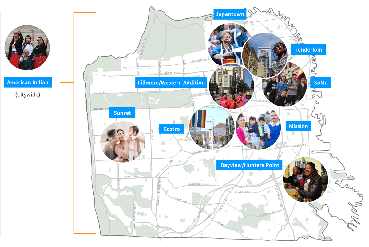 Map of San Francisco highlighting partnering neighborhoods 