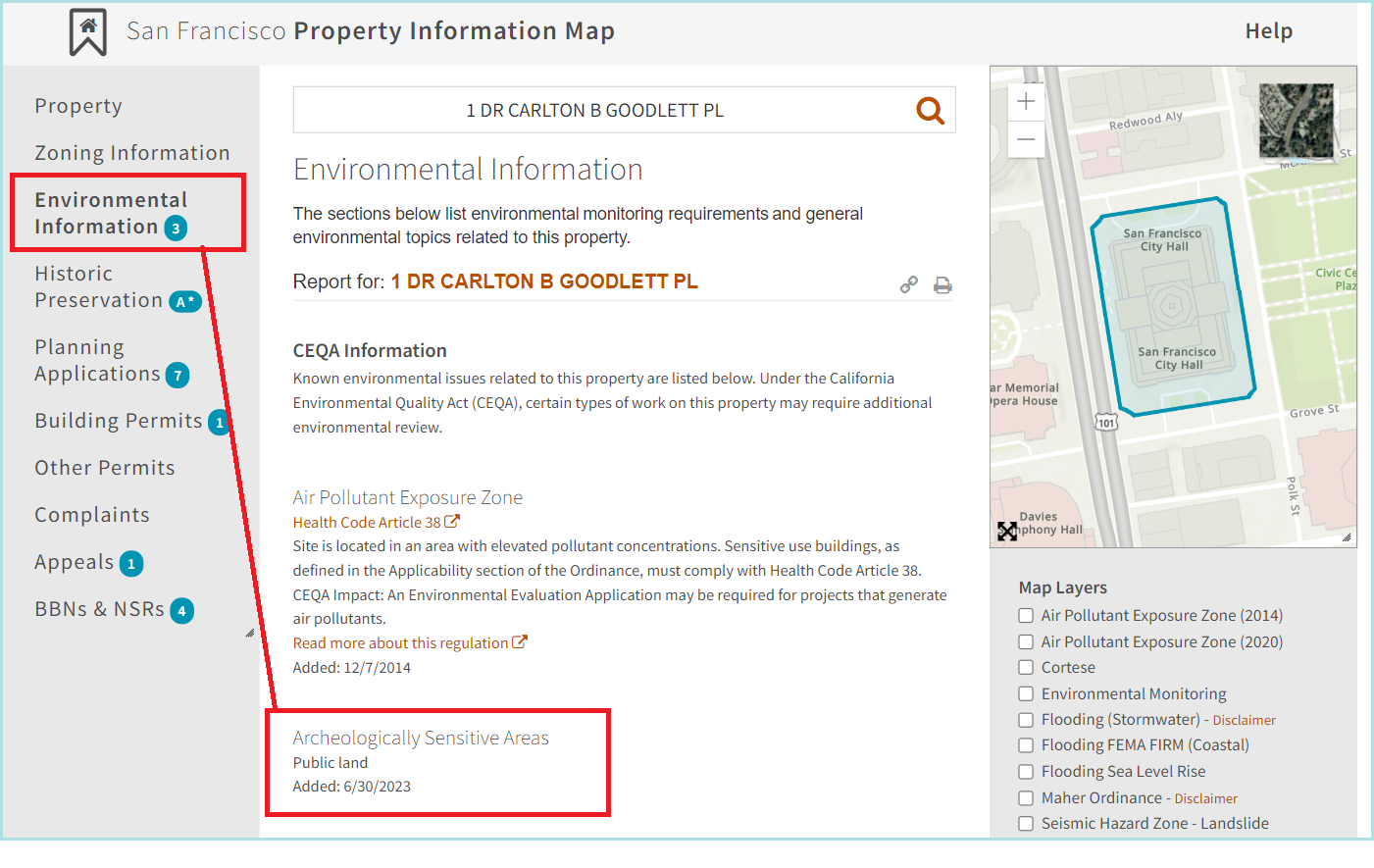 screen grab of PIM webpage showing Environmental Information tab and result of sensitive area.