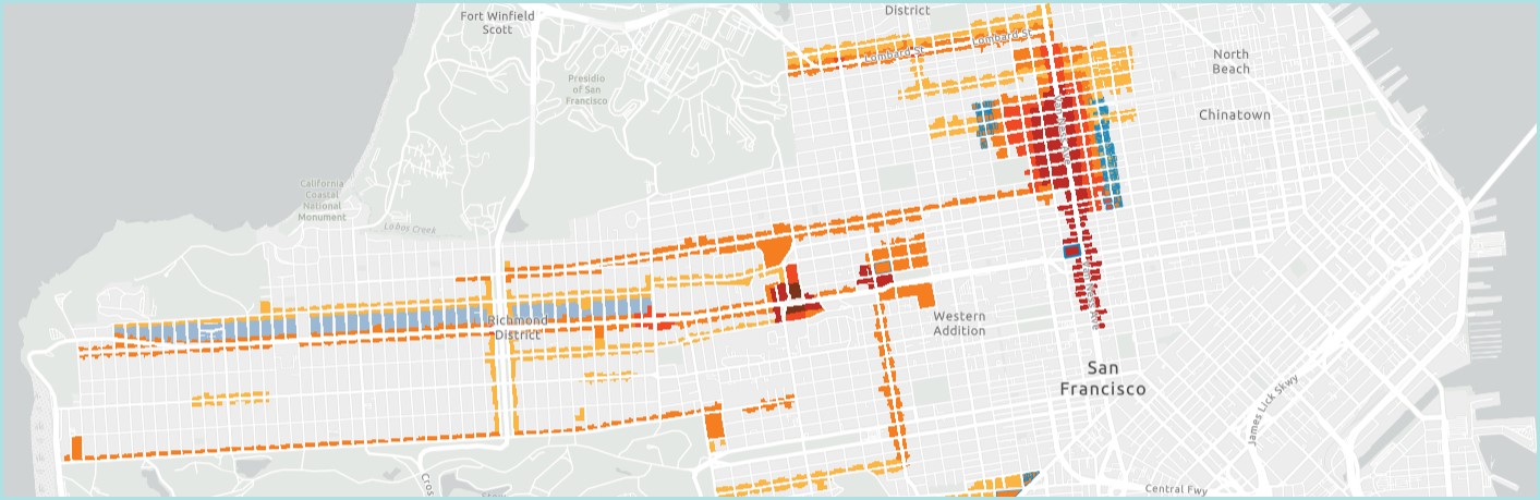 screengrab of interactive map showing colorful sections of proposed changes