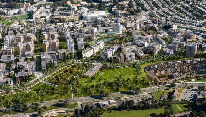 A bird's-eye view rendering of the Parkmerced project, showing a mix of existing low-rise housing and proposed modern glass towers interspersed with landscaped parks, walking paths, and athletic fields.