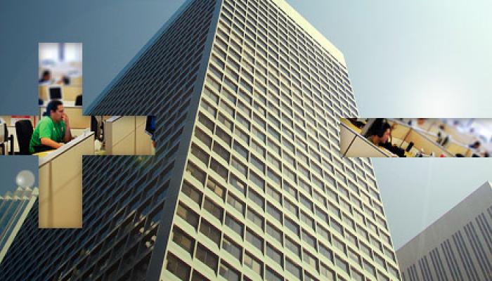 A mosaic of cityscape photographs shows San Francisco high-rises from a low angle, incorporating inset pictures of people collaborating and working within urban office spaces.