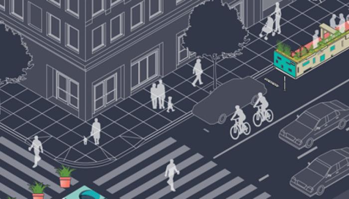 Isometric illustration of the "Places for People" program, showing a vibrant city block with parklets, bike lanes, outdoor dining, and diverse pedestrians.
