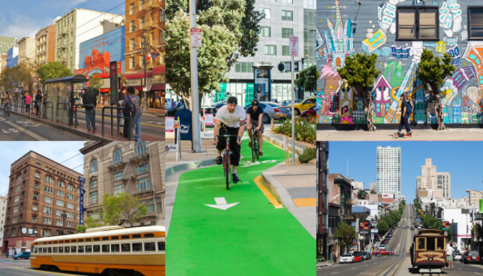 The cover of the San Francisco Transportation Impact Analysis Guidelines. The graphic features a four-pane collage showing diverse transit scenes: people walking in a modern plaza, a cyclist in a green bike lane, a historic streetcar on Market Street, and a muni bus on a busy city street.