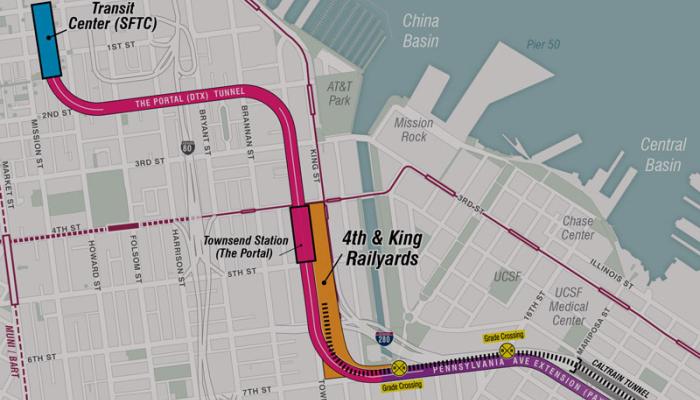 map outlining project area located near Salesforce Tower at First and Mission streets, continuing along Second Street to the 4th and King Railyards.