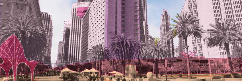 the Ferry Building Plaza, a color overlay on the image outlines the upper floors and large wall surfaces of buildings