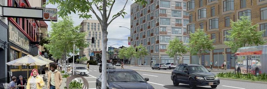 Rendering of three apartment buildings along Geary Boulevard and 3rd, looking east. Credit: AECOM