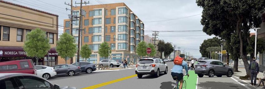 Rendering of an apartment building along Noriega Street and 25th, looking west. Credit: AECOM
