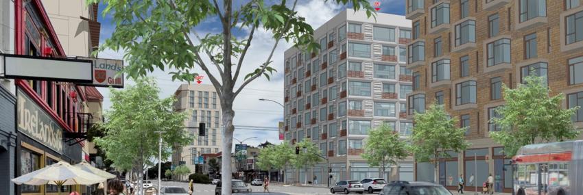 Rendering showing buildings along Geary at 3rd avenue with examples at 85 and 140 feet