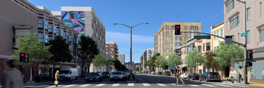 Rendering showing buildings looking down Lombard Street at Buchanan Street 