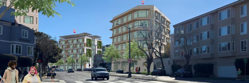 Rendering showing buildings along Lombard Street at Richardson Street with examples at 65 feet