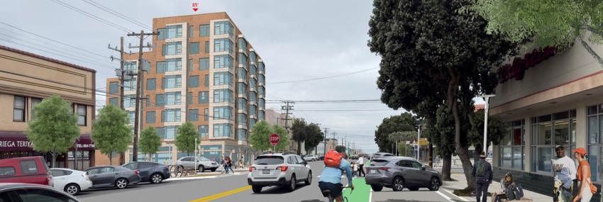 Rendering showing buildings along Noriega Street at 25th Avenue with examples at 85 feet