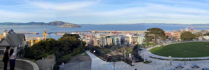 Rendering showing a view of the Fisherman's Wharf from Francisco Park with examples at 45 and 65 feet