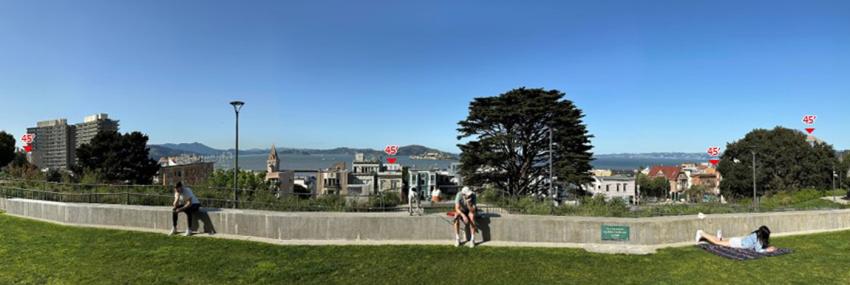 Rendering showing a view of Ghirardelli Square from the oval field at Francisco Park with examples at 45 feet