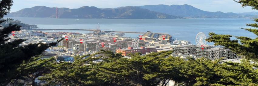 Rendering showing a view of the Marina from Coit Tower with examples at 65 and 85 feet