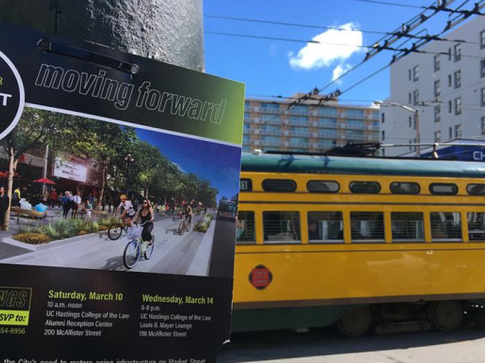 poster on street pole and a trolley going down Market street