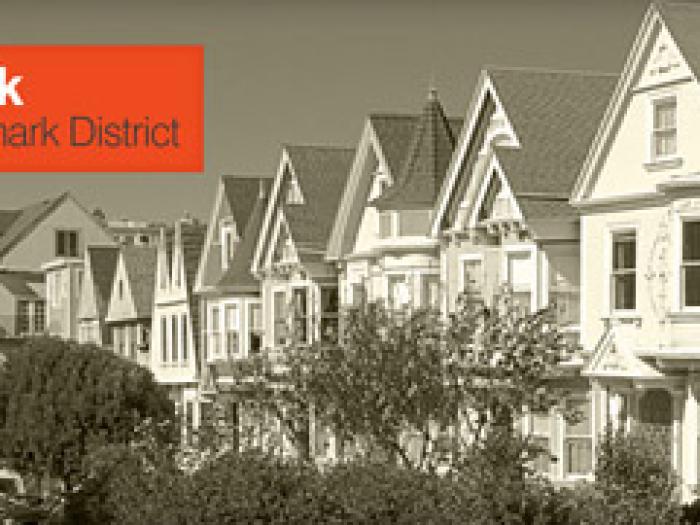 A banner image for Duboce Park Proposed Landmark District featuring a black and white photograph of several ornate Victorian houses with peaked roofs and bay windows.