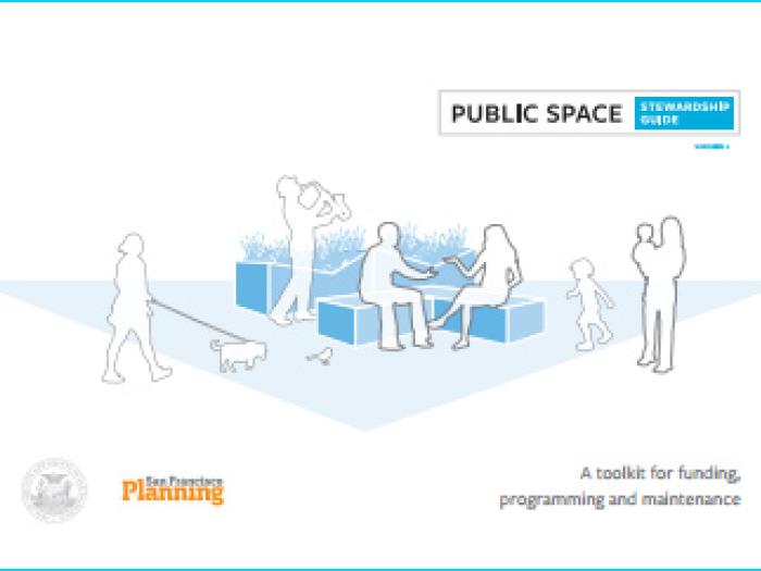 Cover of the San Francisco Planning Public Space Stewardship Guide, featuring a blue line-art illustration of people enjoying a modern urban plaza.