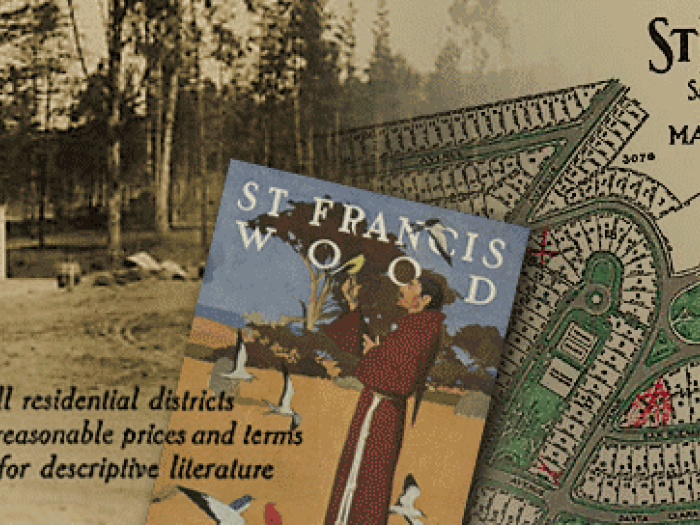 Collage of historic residence park promotional materials, combining vintage advertisements, maps, and photographs that highlight tree-lined streets, landscaped medians, and distinctive residential architecture.