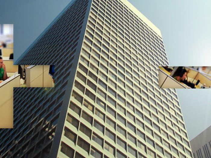 A mosaic of cityscape photographs shows San Francisco high-rises from a low angle, incorporating inset pictures of people collaborating and working within urban office spaces.