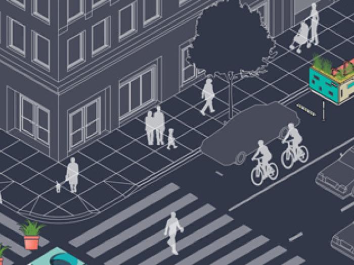 Isometric illustration of the "Places for People" program, showing a vibrant city block with parklets, bike lanes, outdoor dining, and diverse pedestrians.