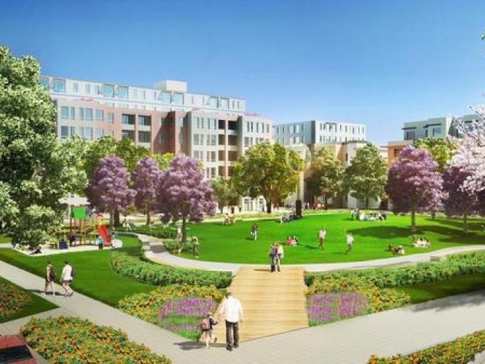 Conceptual rendering of the Schlage Lock development in Visitacion Valley, featuring a central community park and modern residential buildings.