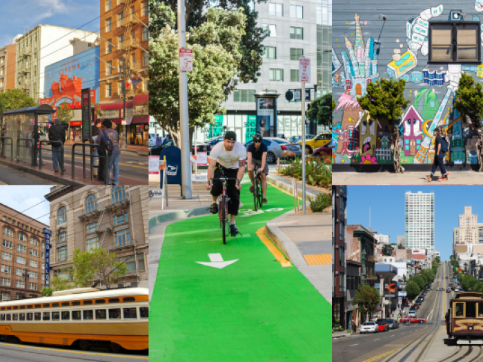 The cover of the San Francisco Transportation Impact Analysis Guidelines. The graphic features a four-pane collage showing diverse transit scenes: people walking in a modern plaza, a cyclist in a green bike lane, a historic streetcar on Market Street, and a muni bus on a busy city street.