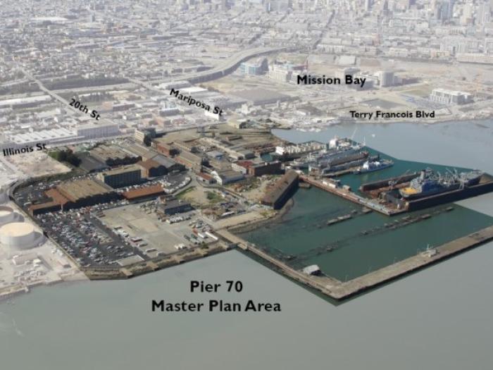 Aerial 3D rendering of the Pier 70 Master Plan area along the San Francisco waterfront, with labels for Mission Bay and surrounding city streets.