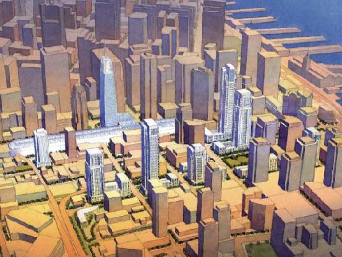 A 3D architectural massing model from a July 25, 2007, public workshop. The model shows a dense cluster of proposed high-rise towers surrounding the Transbay Transit Center area in downtown San Francisco, with blue-tinted blocks representing the scale and height of new buildings relative to the existing urban grid.
