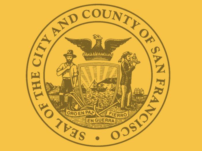 City seal of San Francisco on orange background.