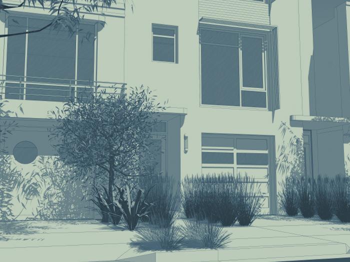 Duotone image showing the outside front of a house