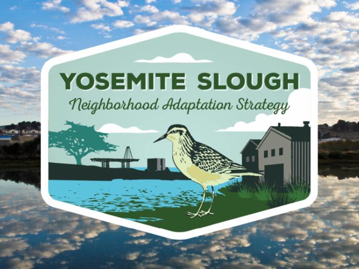 yosemite slough logo superimposed over photo of cloudy sky reflected in water.