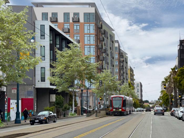 Architectural rendering of a San Francisco transit corridor showing a modern mixed-use residential building with wood and gray panel facades rising 7–8 stories, alongside a Muni light rail streetcar traveling down a tree-lined urban street with parked cars and pedestrians on the sidewalk.