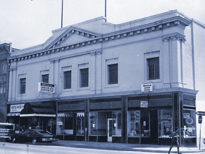 Exterior view of the American Indian Center building at 225-231 Valencia Street, circa 1974.
